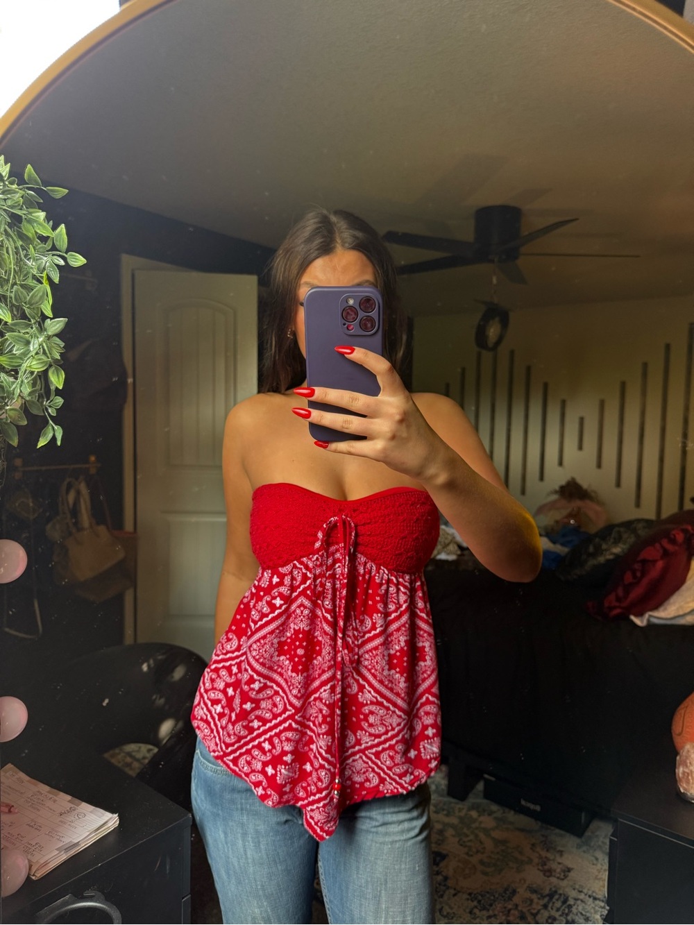Red Bandana-Print Strapless Smocked Camisole